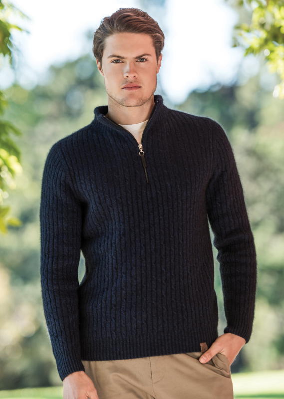 Cable Half Zip Jersey1606, MERINOMINK NZ Possum Fur, Merino Wool & Silk ...